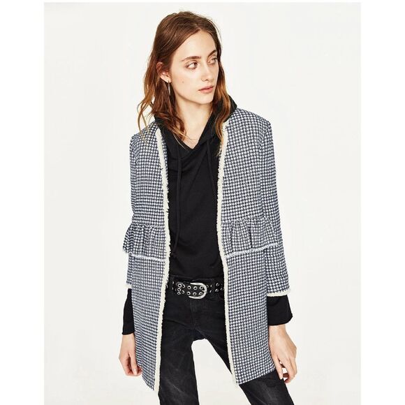 Zara Gingham Check Plaid Coat Size M Tweed Open Front Ruffle Boho Preppy Blue - Picture 1 of 12